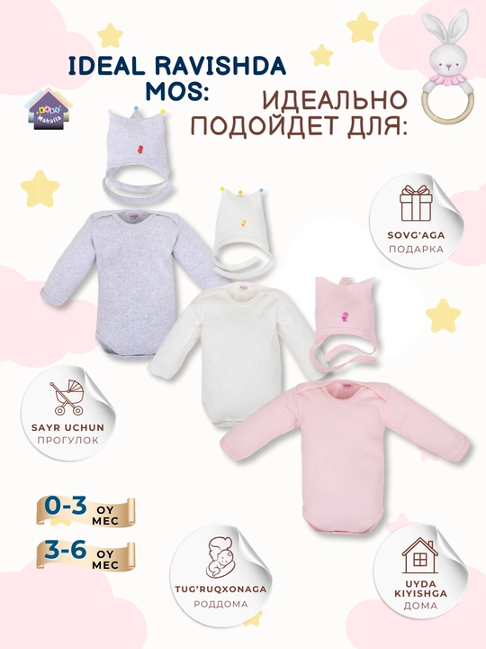 Детский боди с рукавами и детская шапка, комплект 100% хлопок, 0-3, 3-6