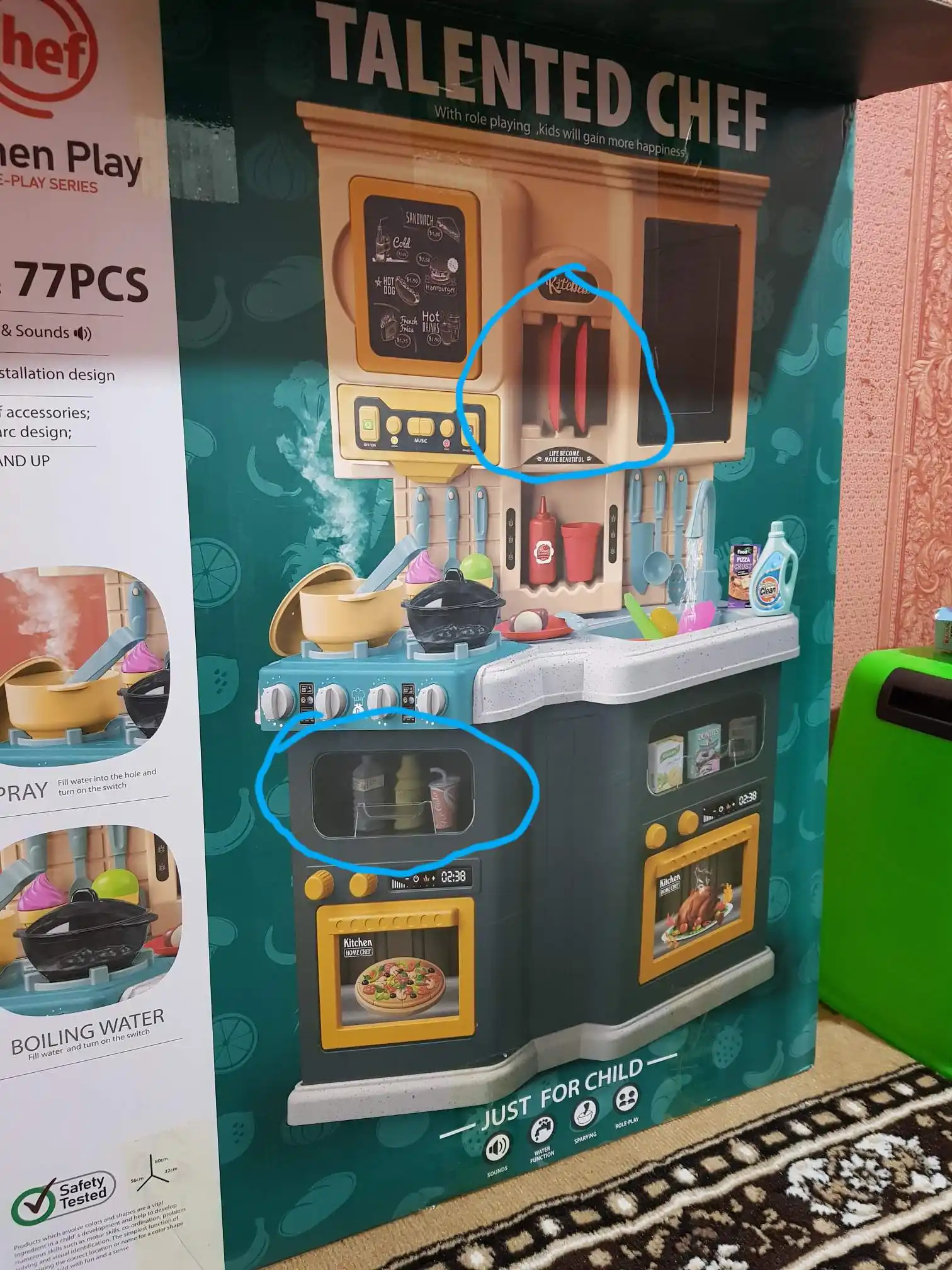 Bug ', ovoz, yorug'lik va suv bilan jihozlangan bolalar o'yinchoq oshxonasi, idishlar