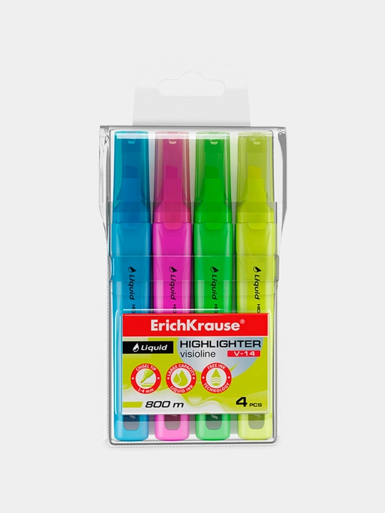 Набор из 4 текстмаркеров с жидкими чернилами ErichKrause Visioline V-14 Liquid Neon 58359