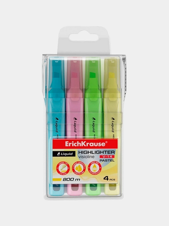 Набор из 4 текстмаркеров, жидкие чернила ErichKrause Visioline V-14 Liquid Pastel 58360