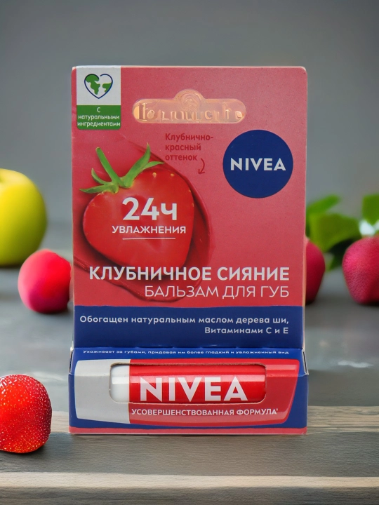 NIVEA lablar uchun balzam, qulupnay porlashi, 4.8 gr