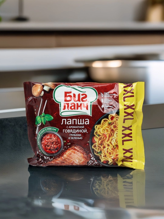 Лапша быстрого приготовления Биг Ланч, с ароматной говядиной, грибами и зеленью, брикет, 100 х 48