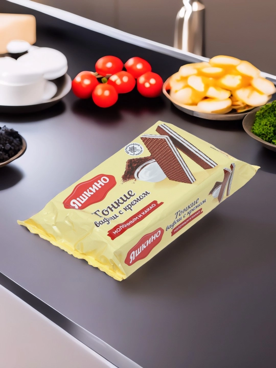 Yupqa vafli Yashkino, kakao va sut kremi bilan, 144 g
