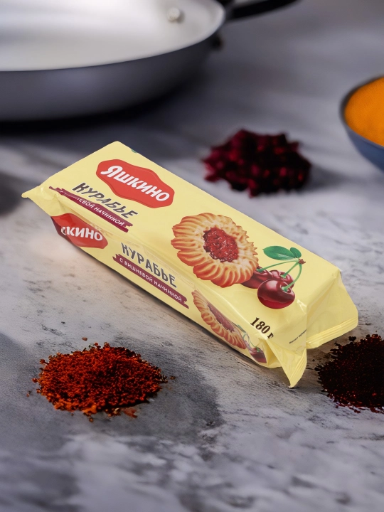 Kurabye pechenyesi Yashkino, olcha murabbosi bilan, 180 g