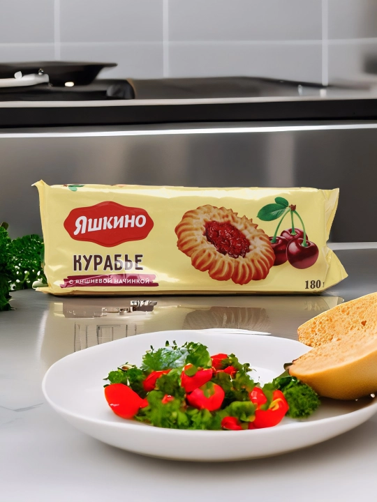 Kurabye pechenyesi Yashkino, olcha murabbosi bilan, 180 g
