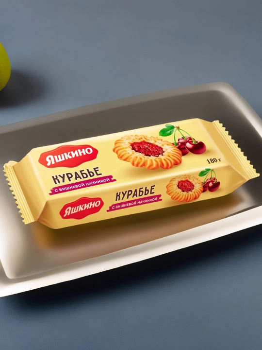 Kurabye pechenyesi Yashkino, olcha murabbosi bilan, 180 g