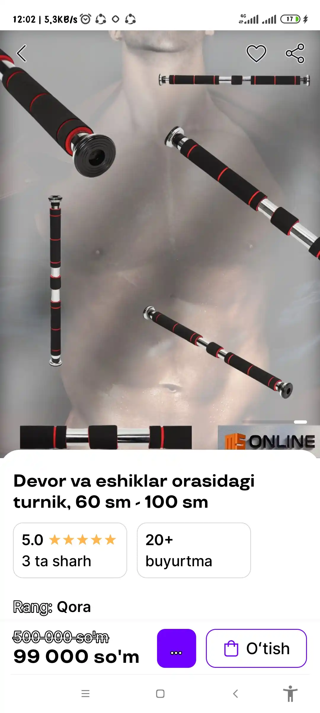 Devor va eshiklar orasidagi turnik, 60 sm - 100 sm