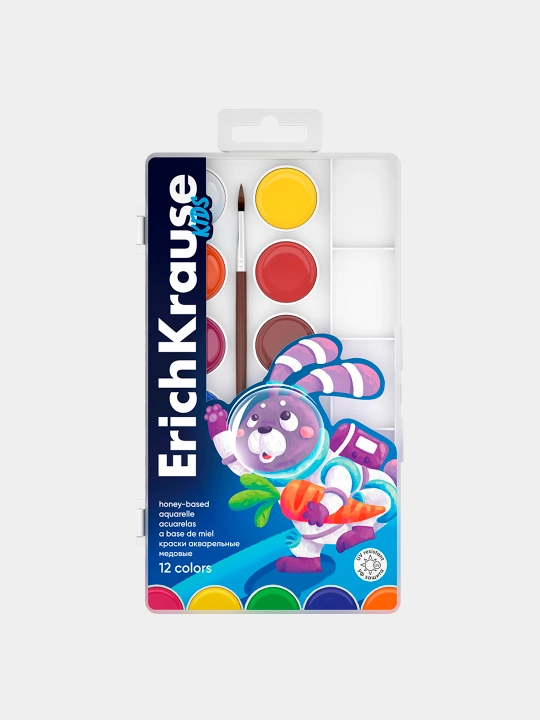 Краски акварельные ErichKrause Kids Space Animals с УФ защитой 12 цветов с палитрой и кистью 61363 - 