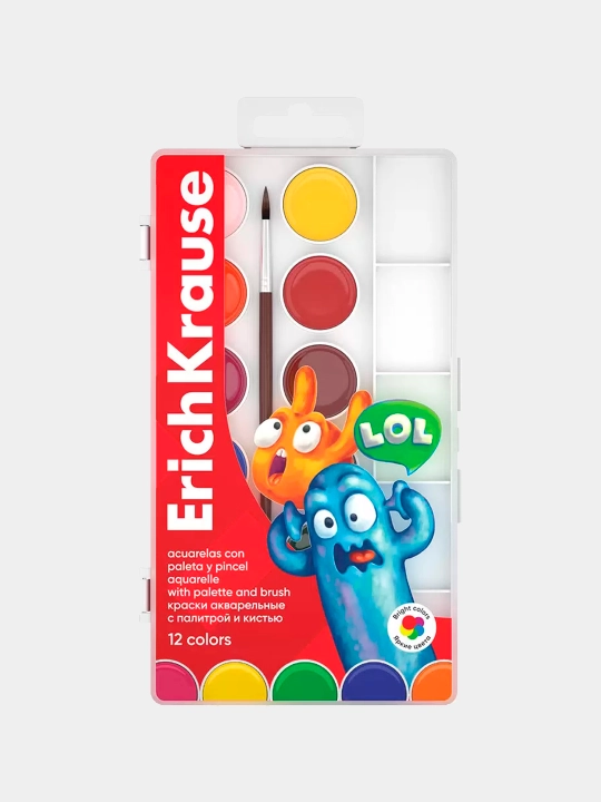 Краски акварельные ErichKrause Jolly Friends, 12 цветов, с палитрой и кистью, 61369