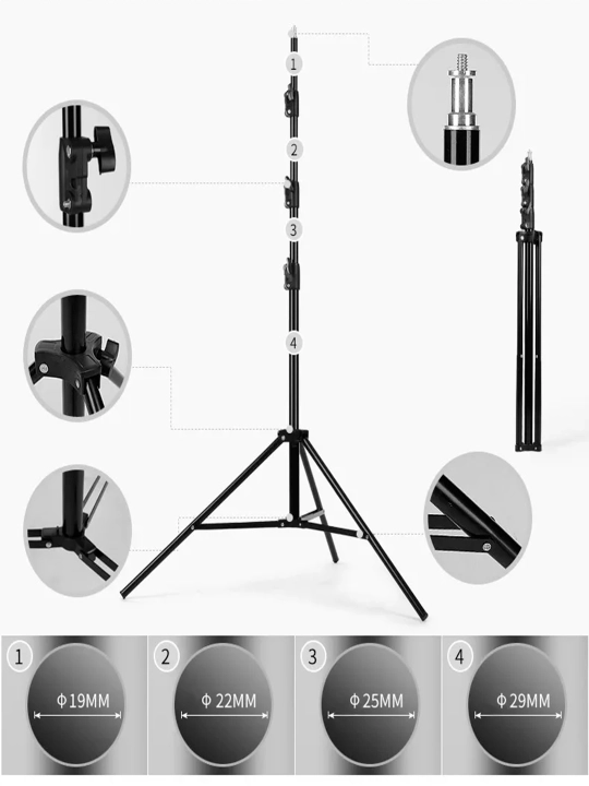 Kuchaytirilgan tripod 2,6 metr lamalar va yorug'lik chiroqlari uchun bardoshli metall