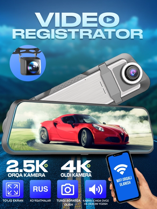 4K to'liq ekranli avtomobil videoregistrator X11 + orqa kamera Wi-Fi boshqaruv - 