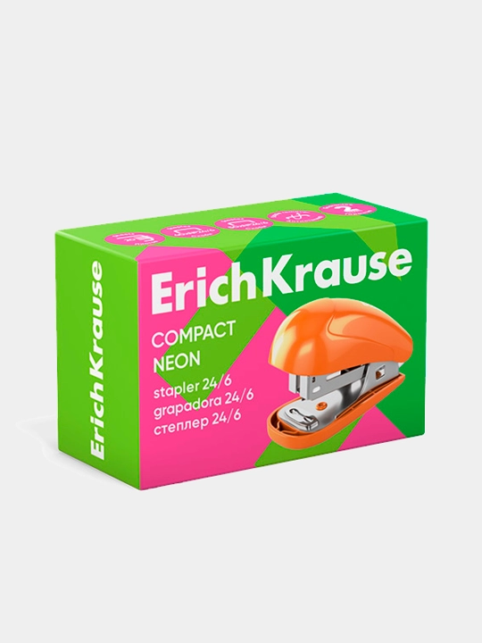 Mini stepler №24/6, 26/6 ErichKrause Compact Neon 20 varaqgacha, assorti 61736