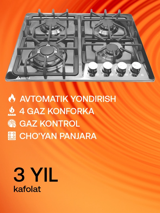 Magna pishirish paneli 16 seriya, 4 ta gaz konforka, gaz nazorati, avtoyondirgich