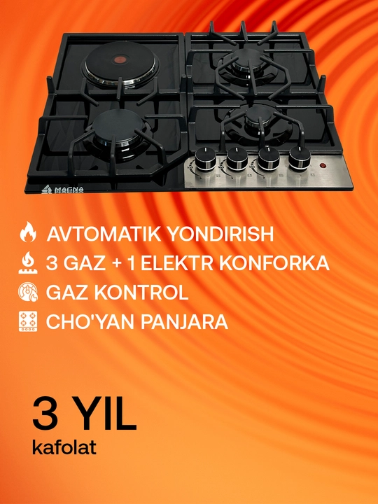 Magna pishirish paneli 20 seriya, shishali yuzasi, gaz nazorati, avtoyondirgich