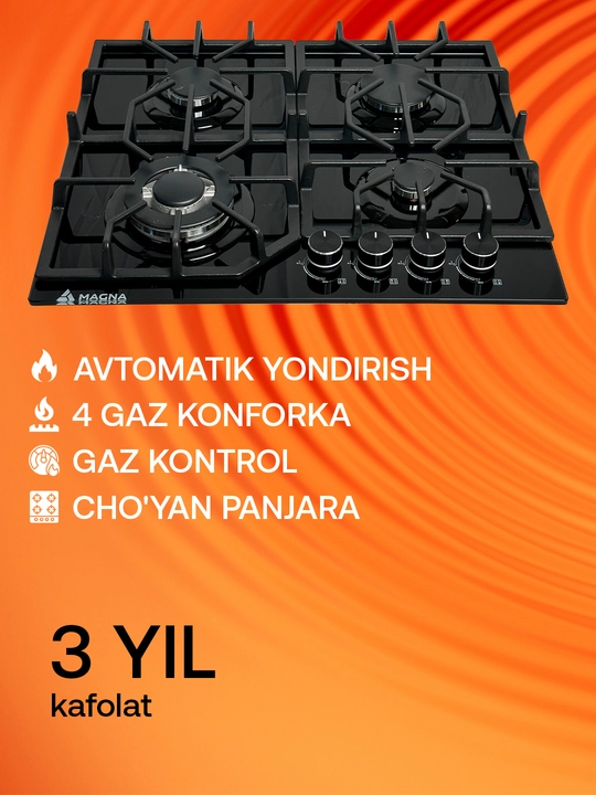 Magna pishirish paneli 20 seriya, shishali yuzasi, gaz nazorati, avtoyondirgich
