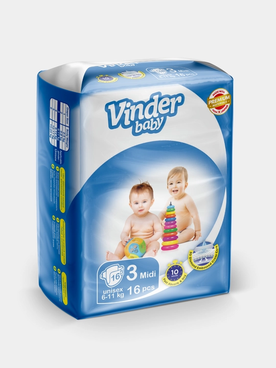 Подгузники Vinder baby PREMIUM Materials, 3 Миди, 16 шт, 6 - 11 кг