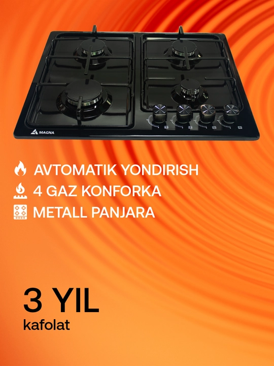 Magna pishirish paneli 35 seriya, 4 ta gaz konforka, avtoyondirgich