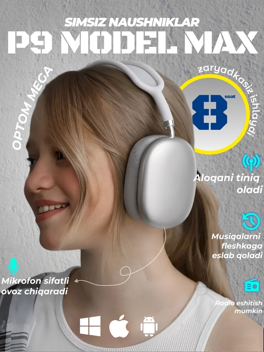 Simsiz quloqchinlar P9, to'liq o'lchamli, mikrofonli AI MAX, Naushnik