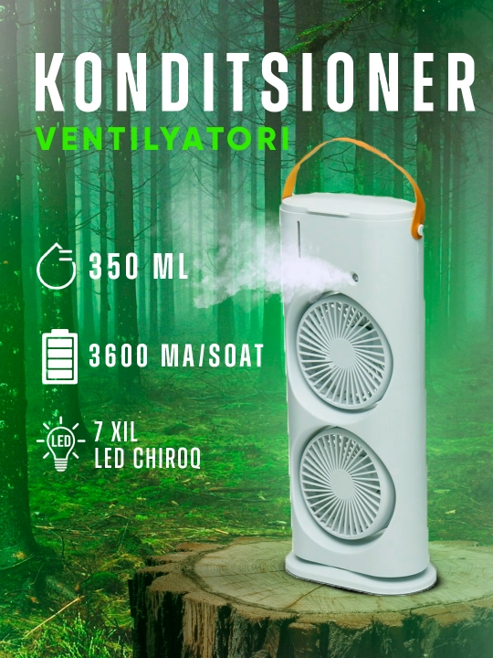Akkumulyatorli purkagichli ventilyator, 2 boshli, 3600 mAh, stol va chodir uchun - 