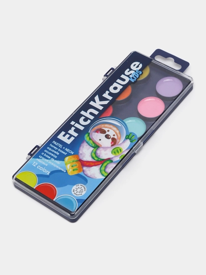 Краски акварельные ErichKrause Kids Space Animals Neon+Pastel с УФ защитой 12 цветов 61364 — ERKR-P12C760