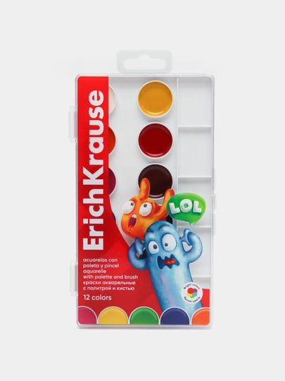 Краски акварельные ErichKrause Jolly Friends, 12 цветов, с палитрой и кистью, 61369 — ERKR-P12C6A5