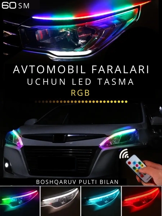 Avtomobil faralari uchun svetadiotli LED lenta, RGB, boshqaruv pulti bilan, 60 sm - 