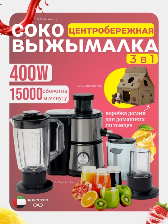 Многофункциональная Соковыжималка для овощей и фруктов, блендер кофемолка 3/1 Rabee RG-100 - 