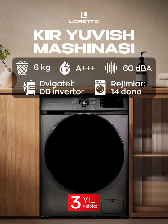 Kiryuvish mashinasi LORETTO LW-6104DD-G invertor, 6 kg - 