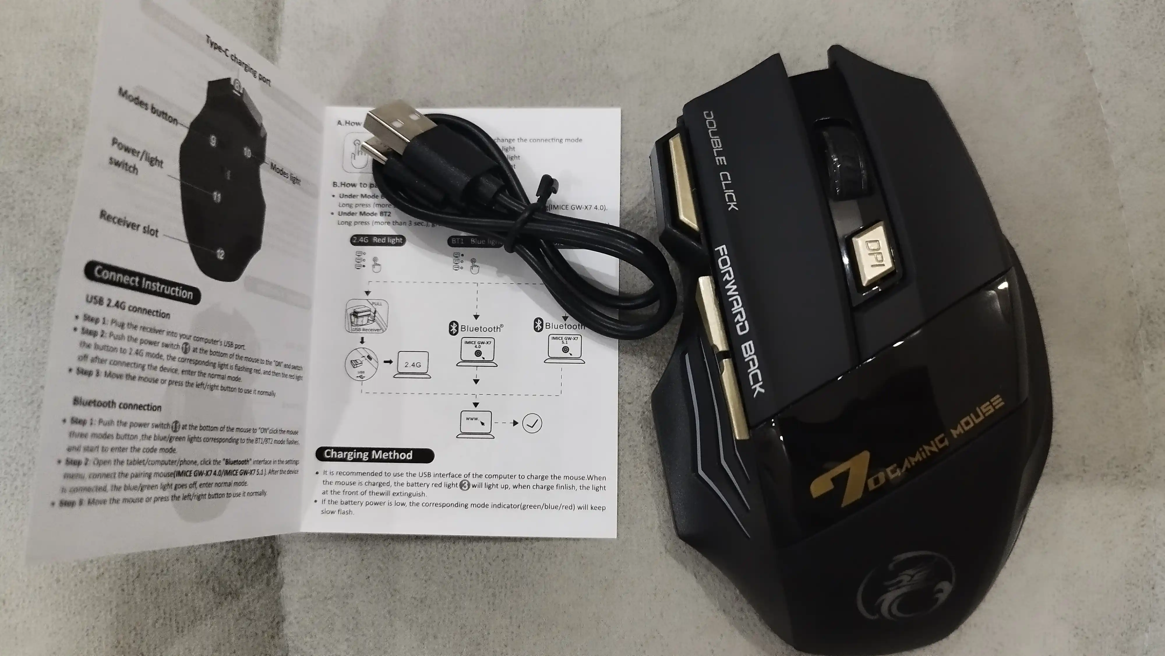 Игровая мышка iMICE GW-X7, беспроводная 2.4G, 3200 DPI, RGB, 7 кнопок, тихий клик, Type-C