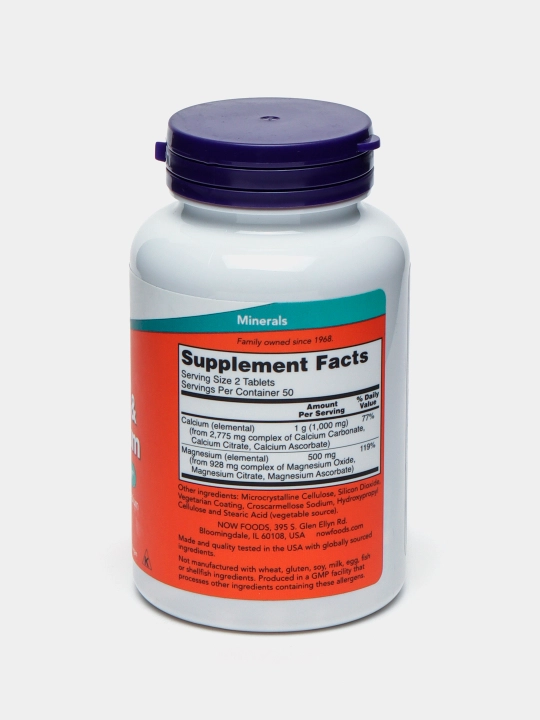Kalsiy va Magniy NOW Foods 500/250mg, 100 tabletka, Halol
