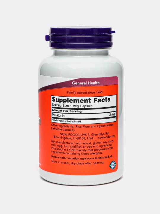 Мелатонин NOW Supplements, цикл здорового сна, 3/5 мг, 120/180 капсул, Халяль