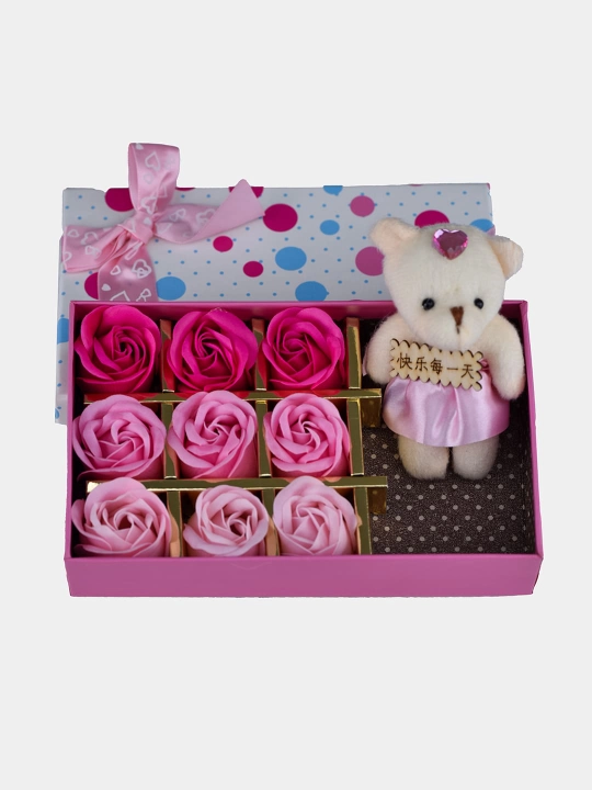 Sovunli atirgullar romantik to'plam, Teddy Ayiq bilan, 9 dona, 15 * 15 * 7 sm - 