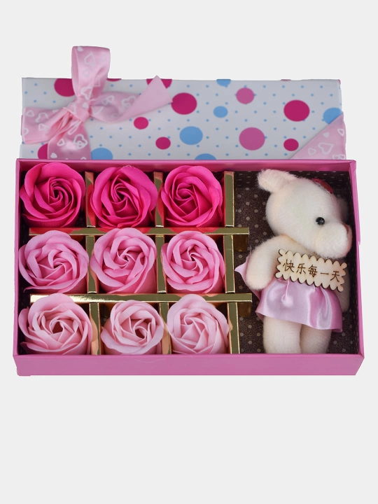 Sovunli atirgullar romantik to'plam, Teddy Ayiq bilan, 9 dona, 15 * 15 * 7 sm