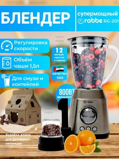 Профессиональный Блендер стационарный кофемолка Rabee RG-201, 2 в 1, для смузи и коктейлей — ТЛИДЕР-RABE201