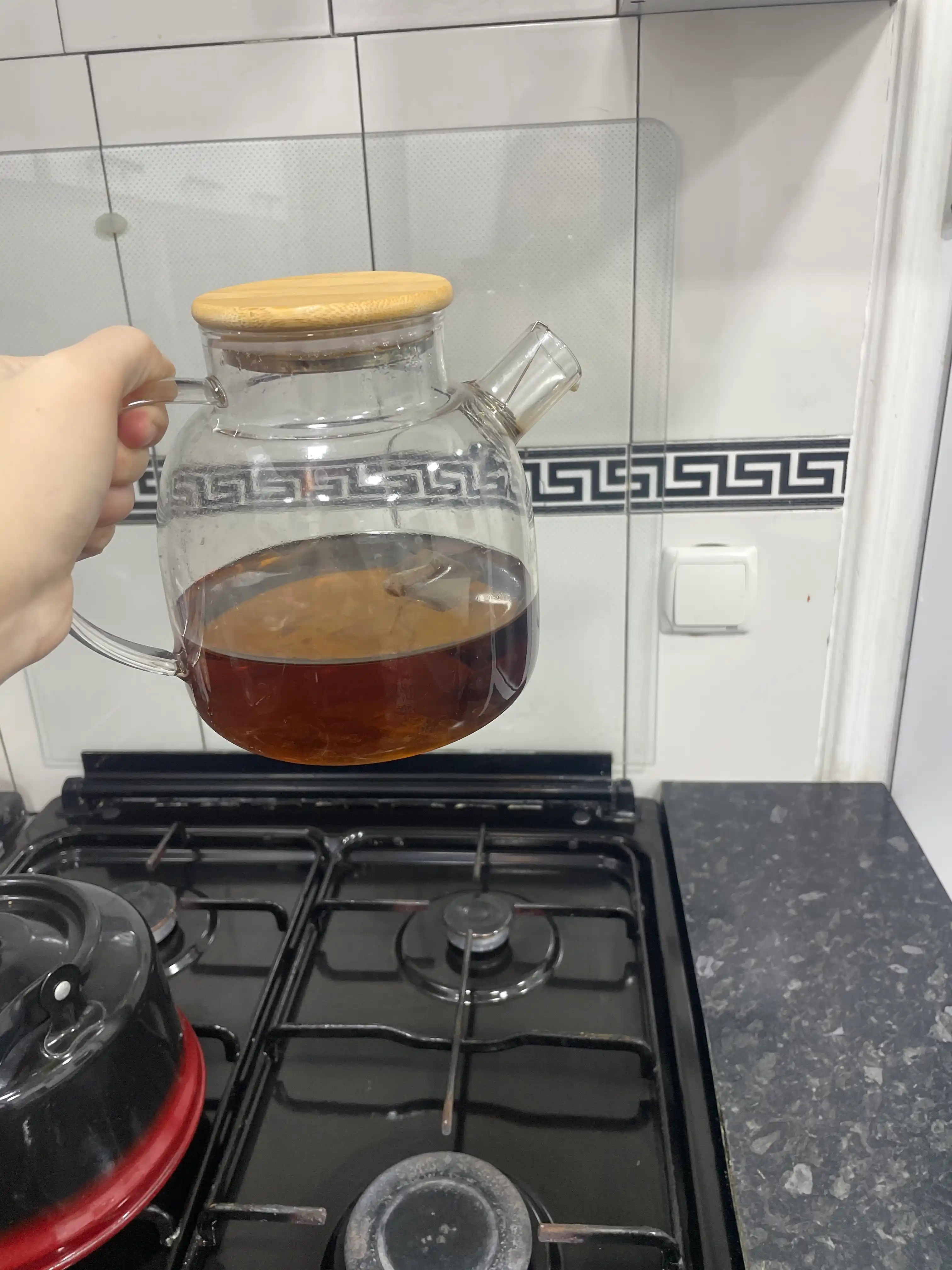 Cтеклянный чайник, с бамбуковой крышкой и фильтром пружинкой, термостойкий