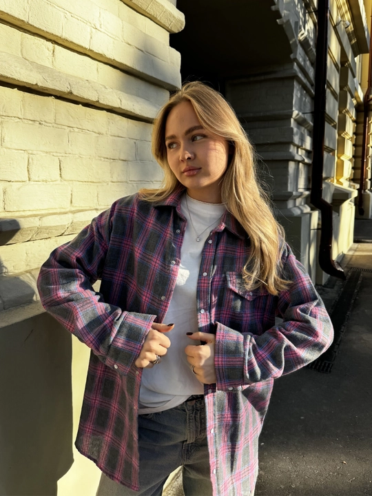 Женская плотная рубашка оверсайз в клетку, с длинным рукавом