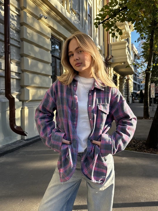 Женская плотная рубашка оверсайз в клетку, с длинным рукавом