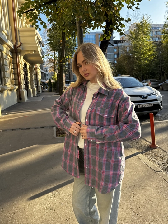 Женская плотная рубашка оверсайз в клетку, с длинным рукавом