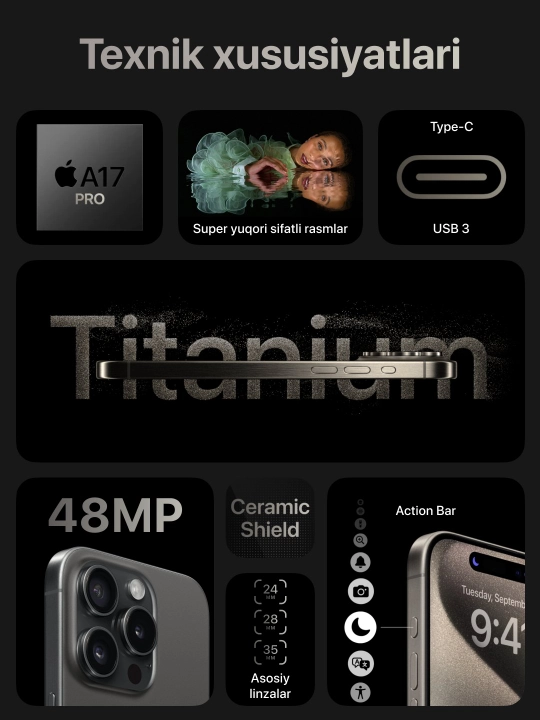 Smartfon, IPhone 15 Pro/Max, 128/256 GB, Dual - Sim , E-Sim