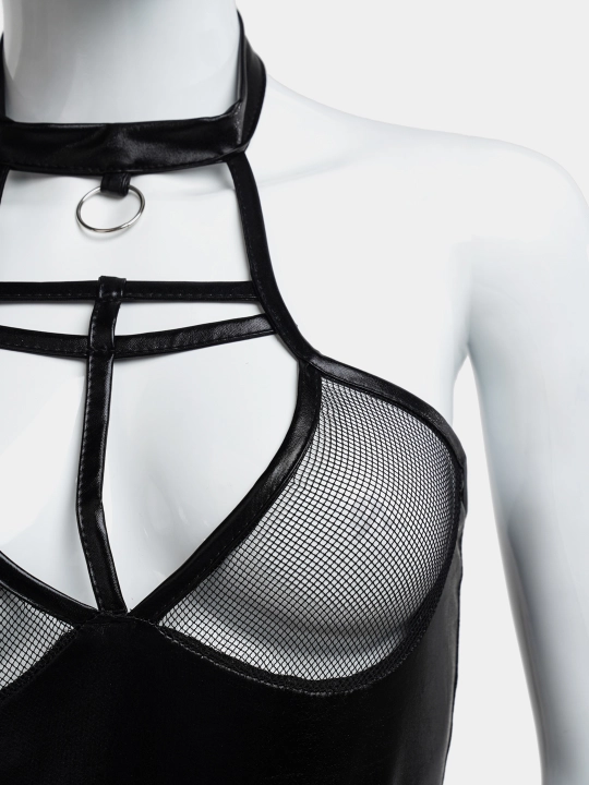 Ayollar bodisi, teri ko‘rinishli, O-ring yoqa, strappy dizayn (qora)