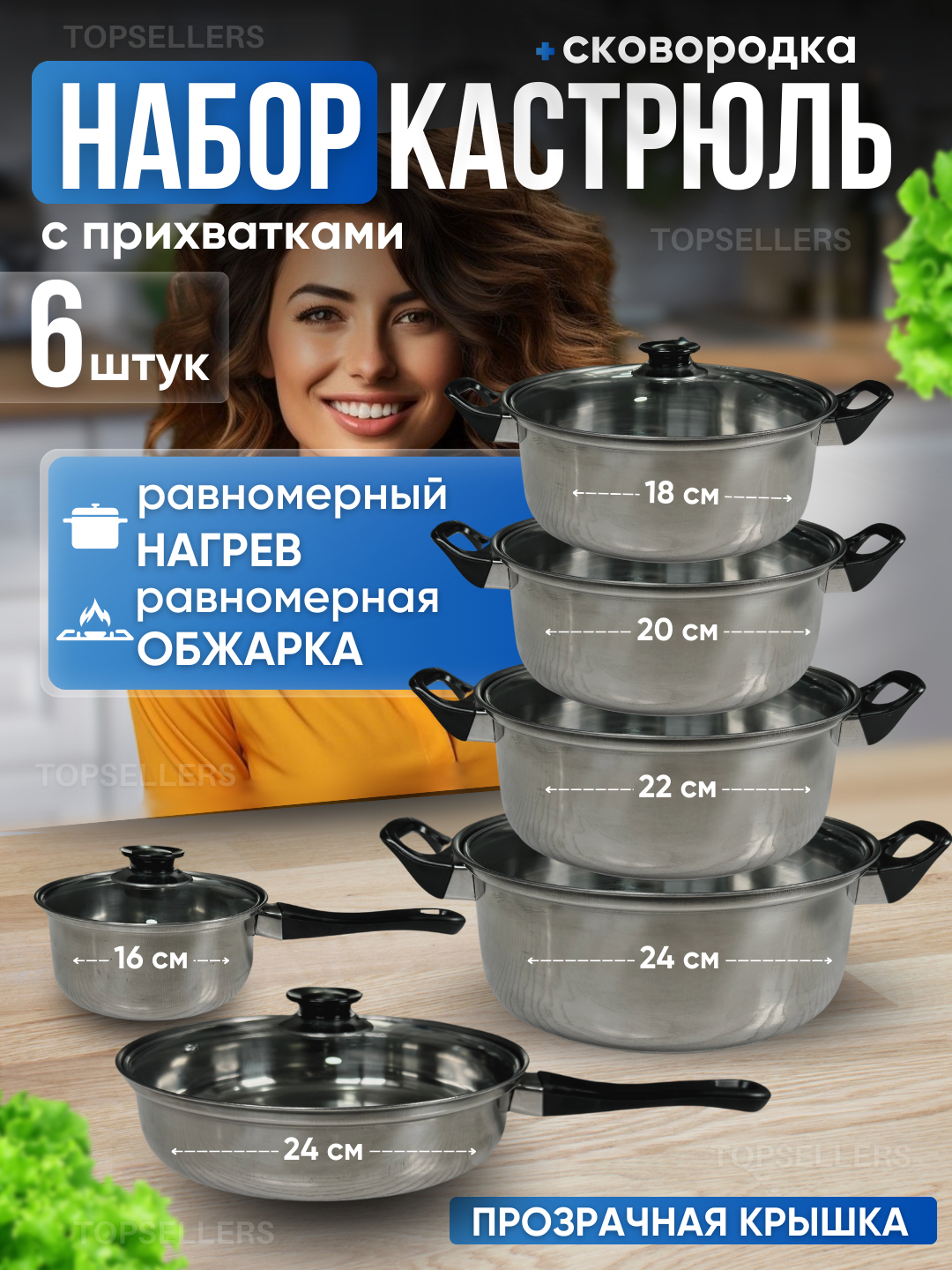 Набор кухонной посуды, кастрюли с крышкой 6 шт, сковородка купить по ...