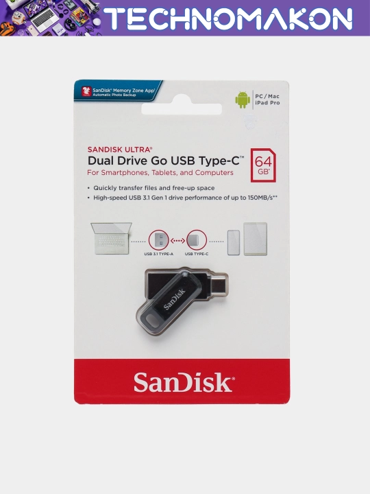 Флешка Sandisk Ultra Dual Drive, Type-C, 64 Gb, 300 Mb/s, Usb 3.1