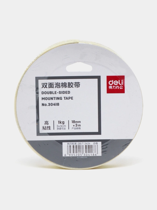 Ikki tomonlama ko'pikli yopishqoq lenta Deli 30418, 18 mm * 3 m