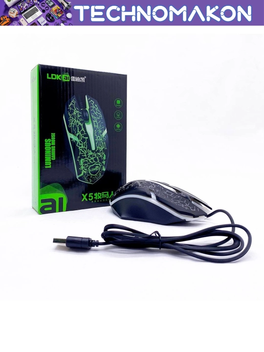 O'yin simli sichqonchasi LDKAI X5 yorug'lik bilan, usb sichqoncha
