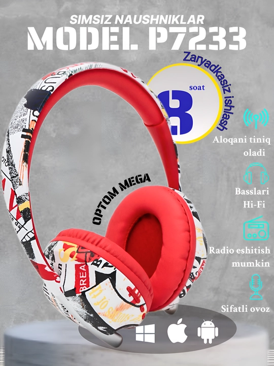 Simsiz naushnik "P7233, p9, mikrofonli, radio, quvvatsiz ishlaydi,pro - 