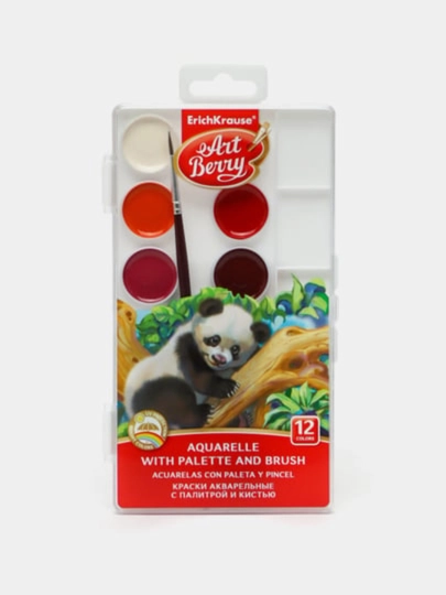 Краски, ErichKrause ArtBerry, акварельные, с УФ-защитой яркости, 12 цветов с кистью - 