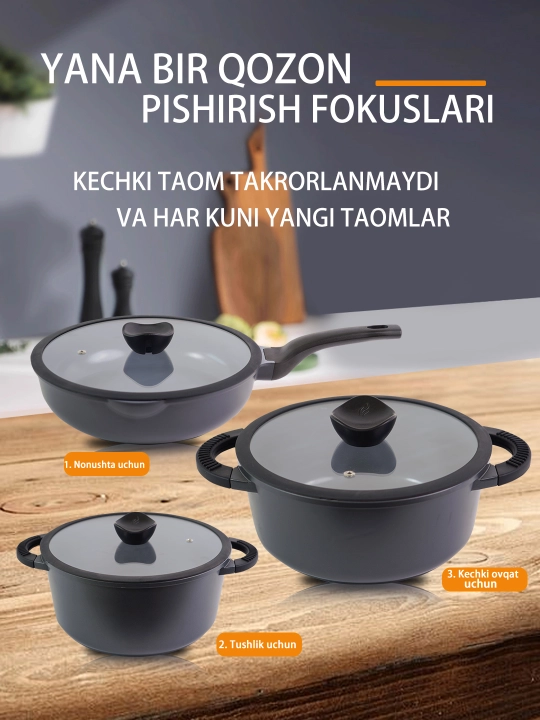 Набор кастрюль и казан CULICHEF, черного цвета со стеклянными крышками - 