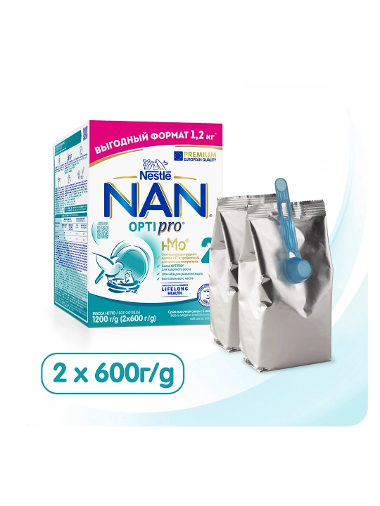Sutli aralashma "NAN 2 OPTIPRO oligosaxaridlar bilan 2'FL". 6 oylik bolalar uchun, 1.2 kg