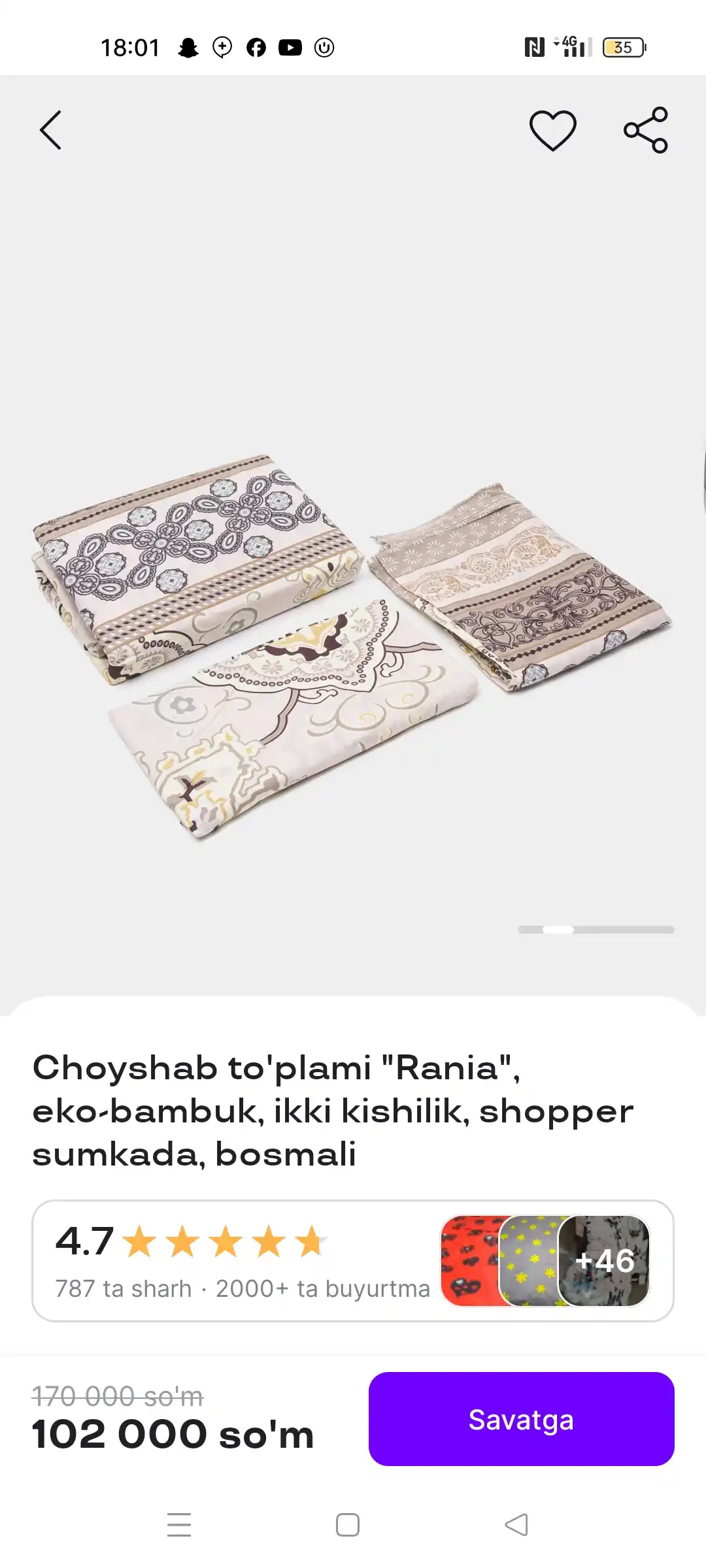 Ikki kishilik choyshab to‘plami, choyshab, yostiq jildi, Rania eko-bambuk ko‘rpa jildlari