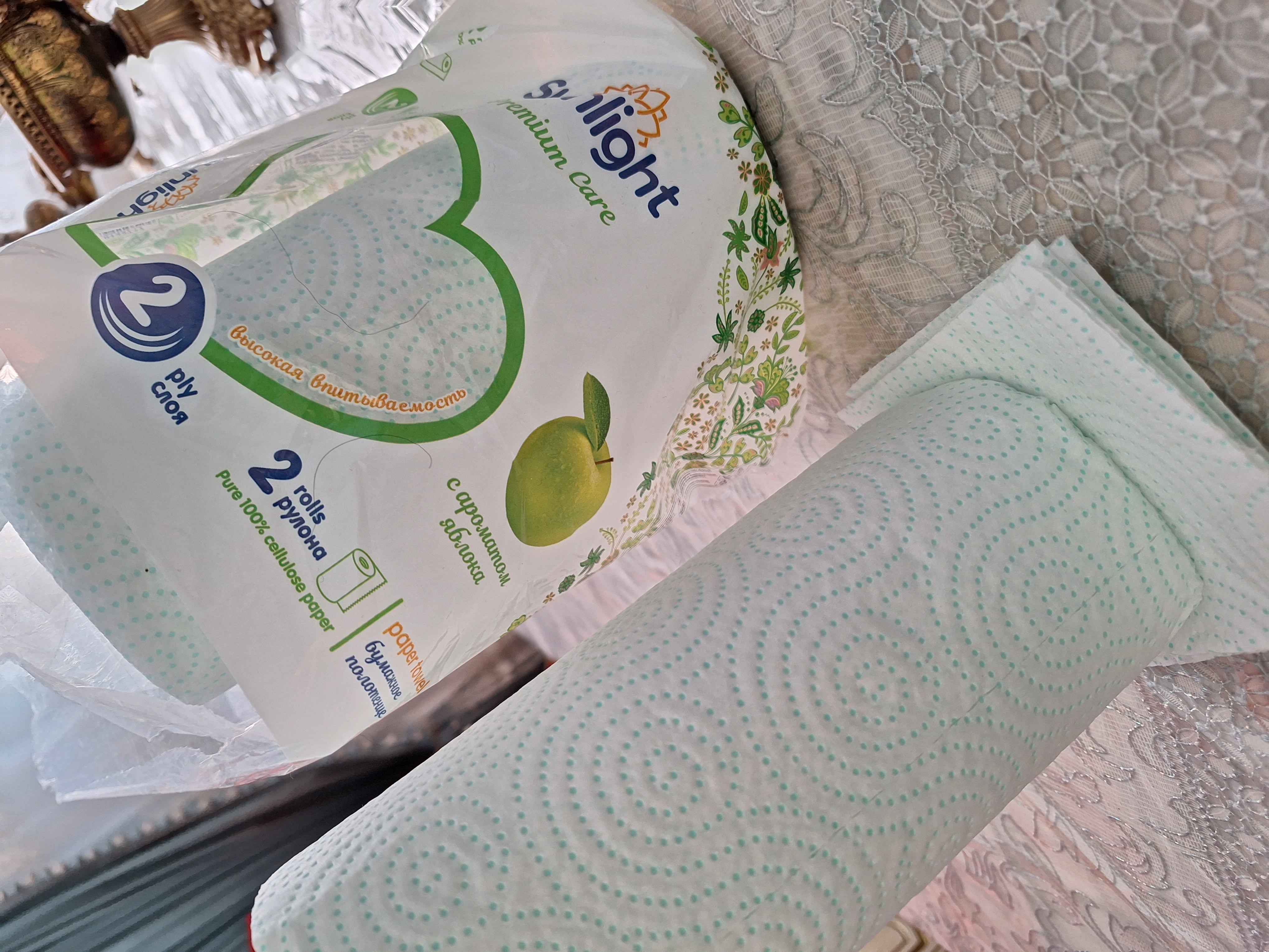 Qog'oz sochiqlar, Sunlight Premium care, 2 qavatli, olma xushbo'yli, 2 dona rulon